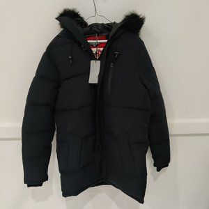 NWT PUREMSX Men's Faux Fur Hooded Winter Parka Snow Ski Black Size S $180 O198